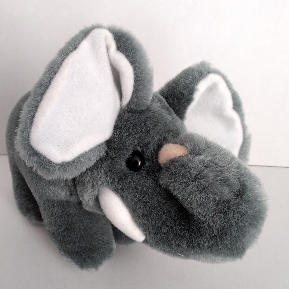 Vintage K&M International Grey Elephant Swivel Head Plush Lucky Trunk Up 1992